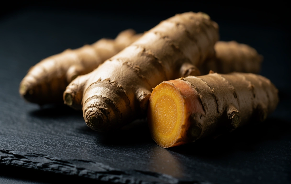 Macro detail of fresh aromatic ginger and turmeric